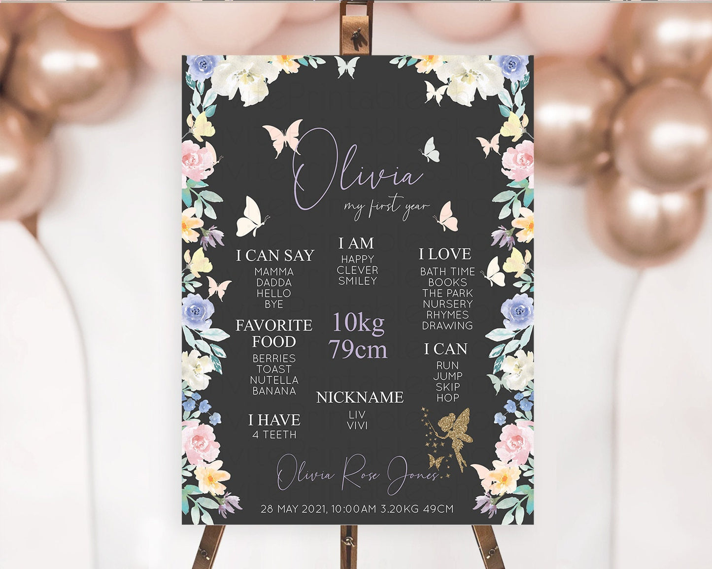 Fairy First Birthday Milestone Poster Fairy Secret Garden Milestone Board Enchanted Garden Pastel Floral Butterfly 1st Birthday Sign D10881