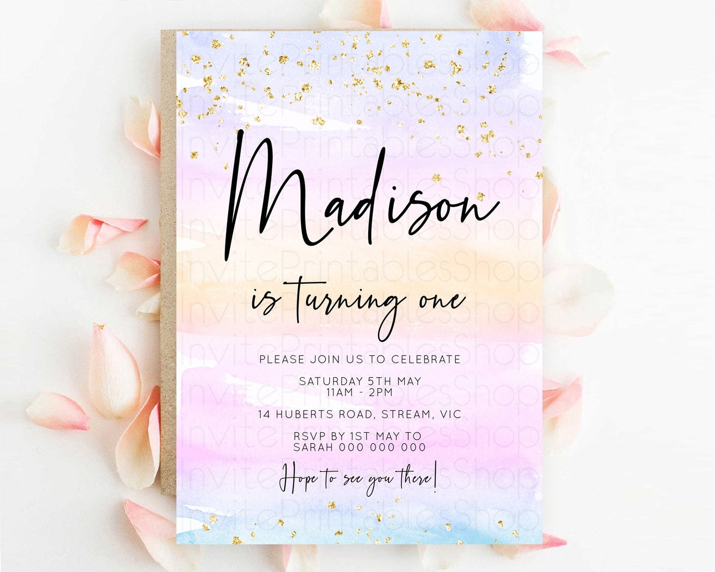 Rainbow Birthday Invitation Colorful Pastel Watercolor Invitation Gold Glitter Sprinkles Ombre Pastel 1st 2nd 3rd Birthday D10594