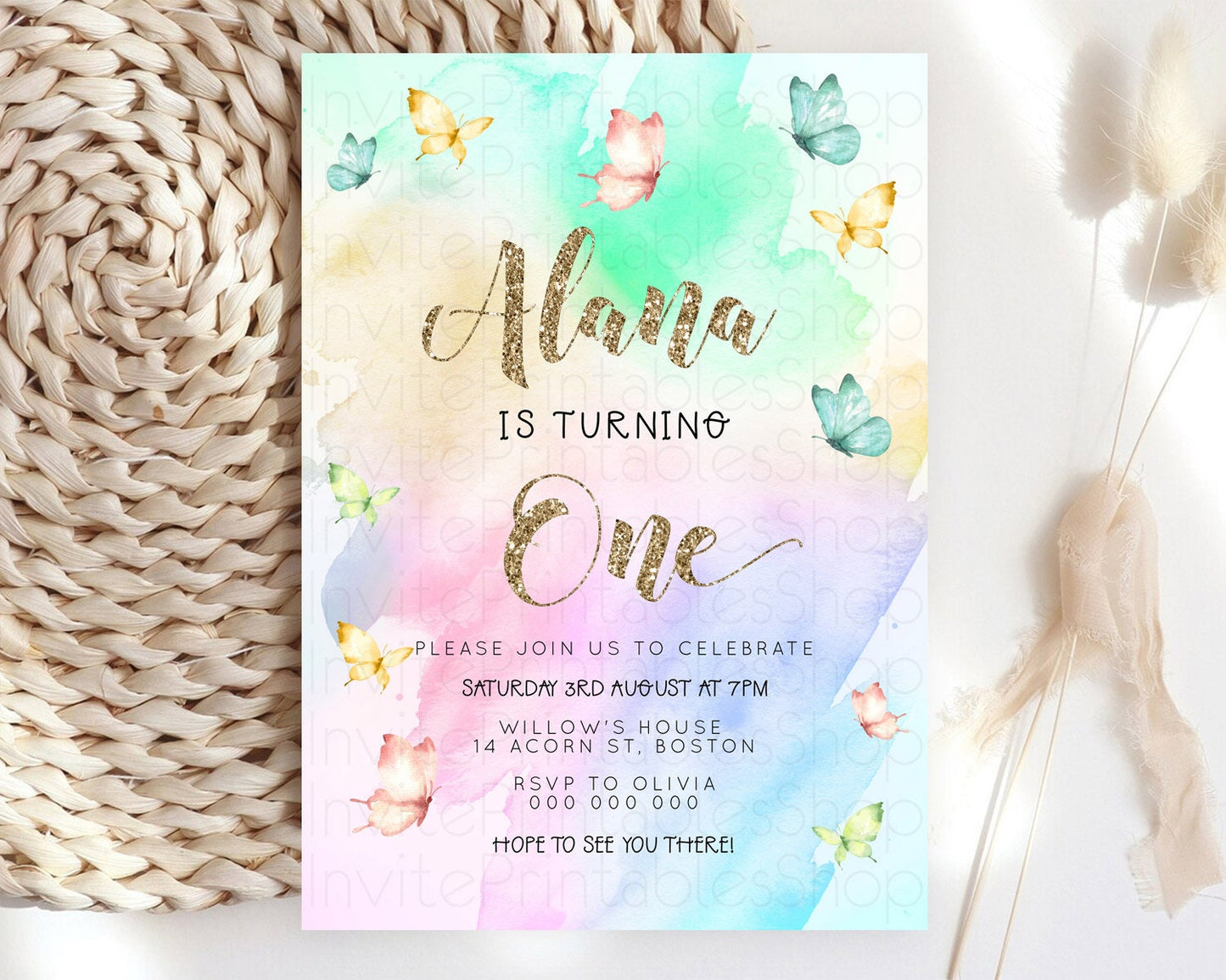 Pastel Butterfly Birthday Invitation Butterfly Birthday Invitation Colorful Splash Glitter Butterfly Garden 1st 2nd Birthday D23259
