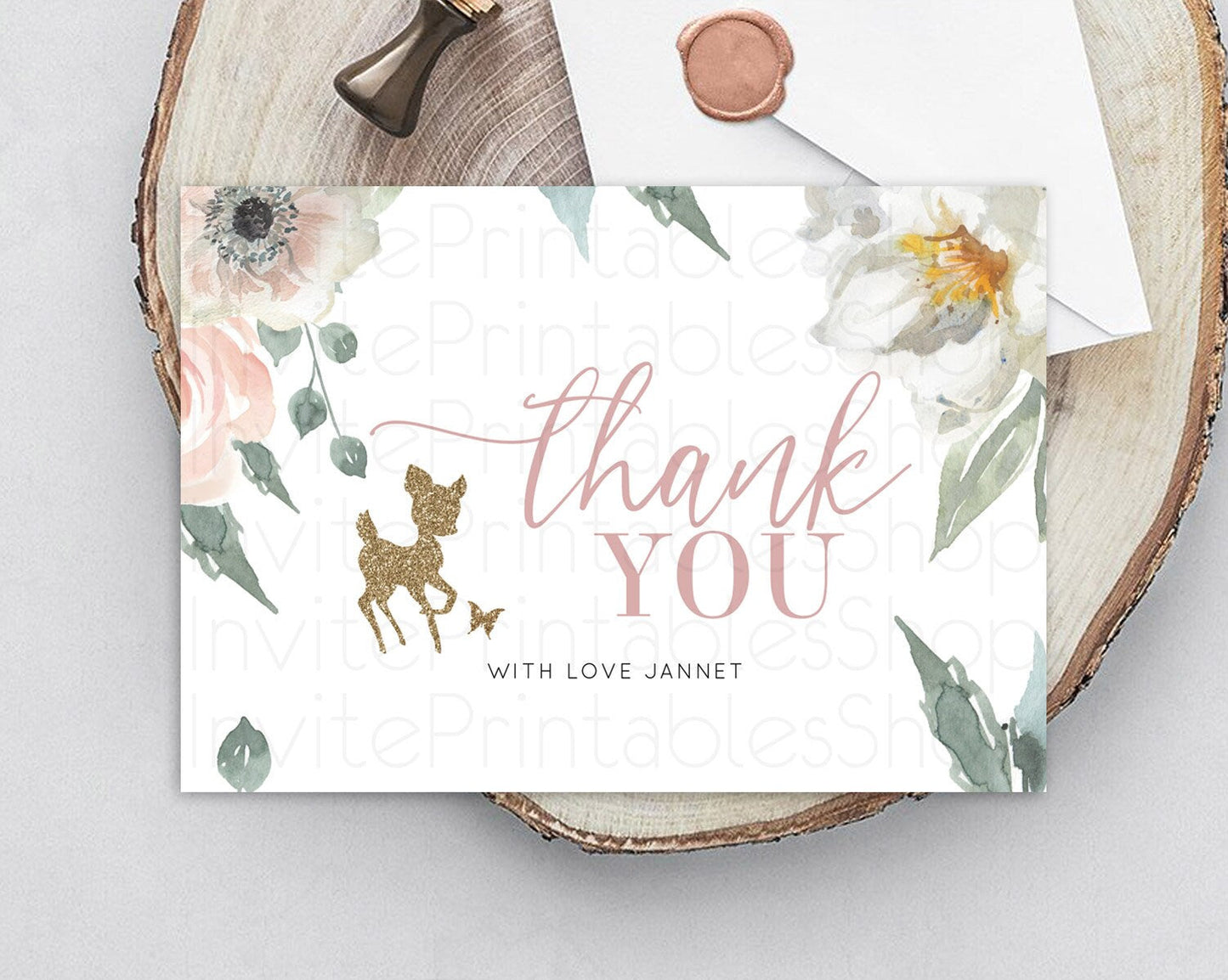 Fawn Thank You Deer Thank You Card Pastel Floral Deer Birthday Thank You Card Enchanted Forest Butterfly Deer Teacher Thank You Card D10120
