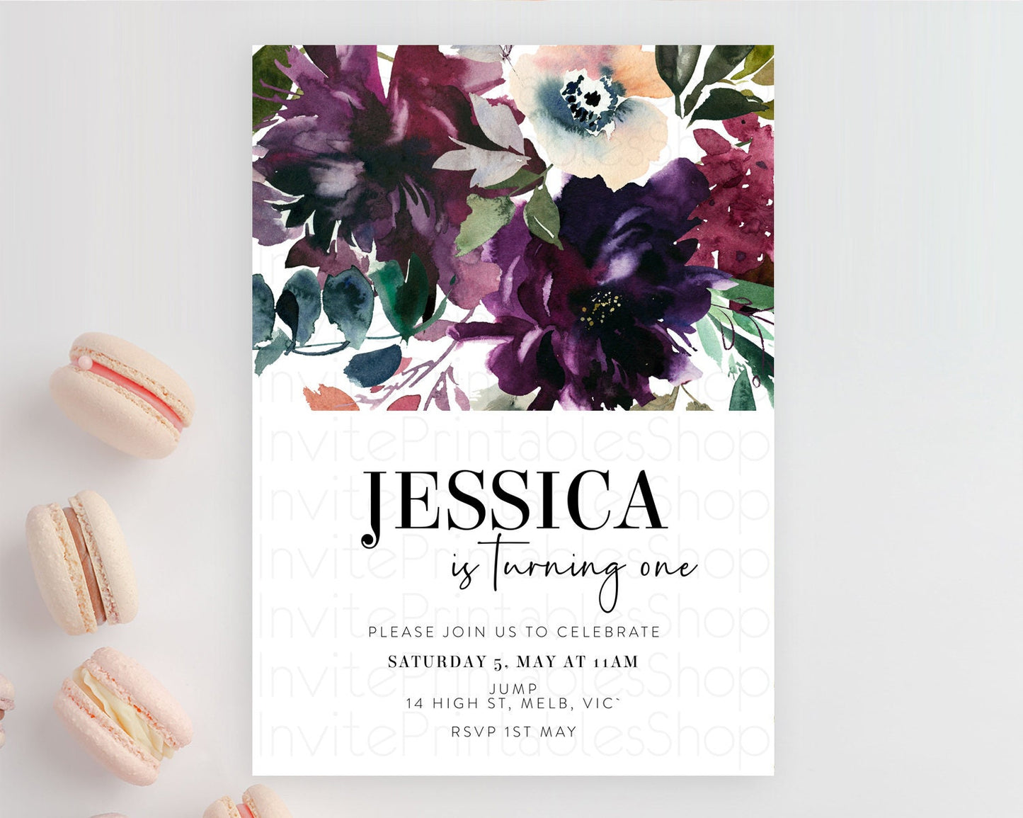 Secret Garden Wildflower Birthday Invitation, Pastel Burgundy Flowers, Boho Floral, 1st, 2nd, 3rd Birthday, D11062