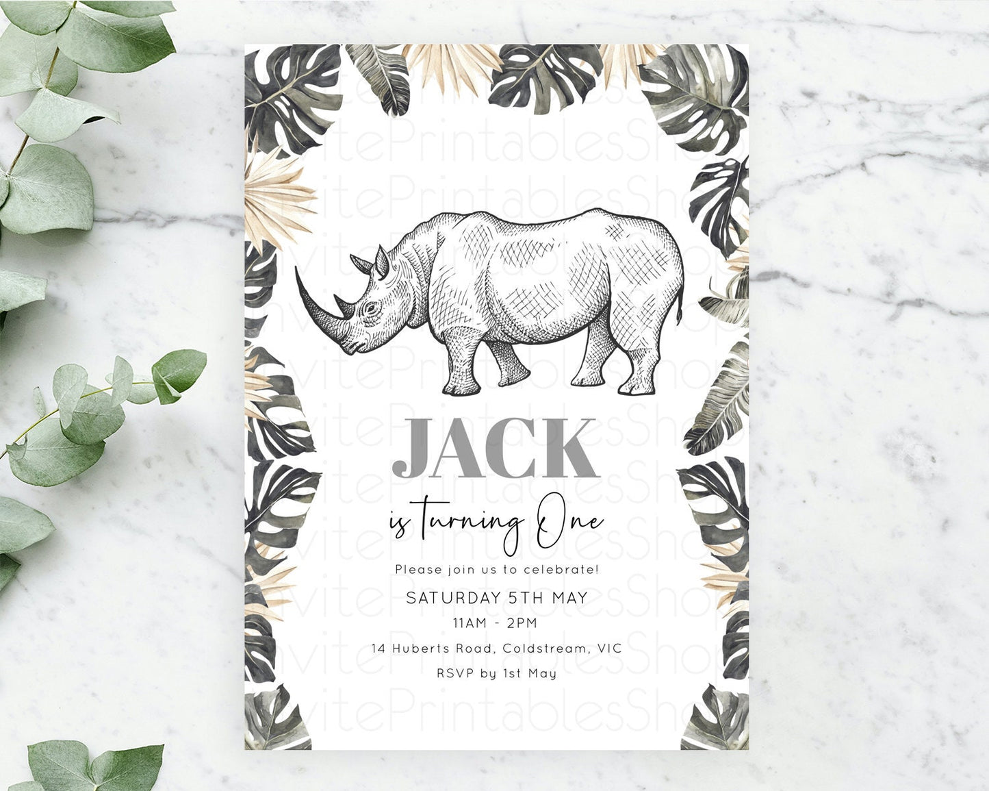 Rhino Birthday Invitation Rhino Invitation Rhino Birthday Rhino Safari Adventure Invite Rhino Palm Leaf Invite Zoo Party D10826