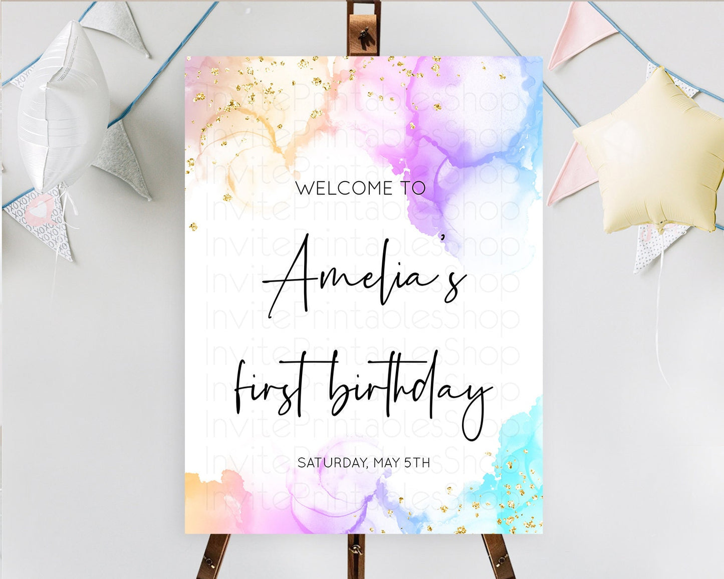 Pastel Welcome Sign Pastel Rainbow Welcome Sign Colorful Rainbow Confetti Watercolor Glitter Pastel First Birthday Welcome Sign D10180