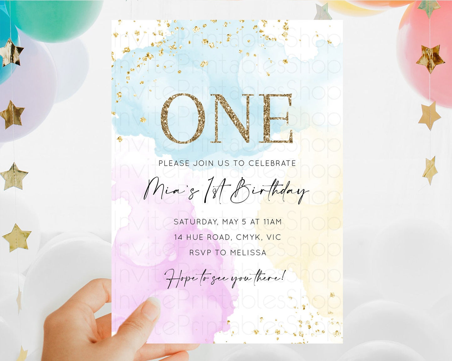 Rainbow Birthday Invitation Colorful Pastel Watercolor Invitation Gold Glitter Sprinkles Ombre Pastel 1st 2nd 3rd Birthday D10204