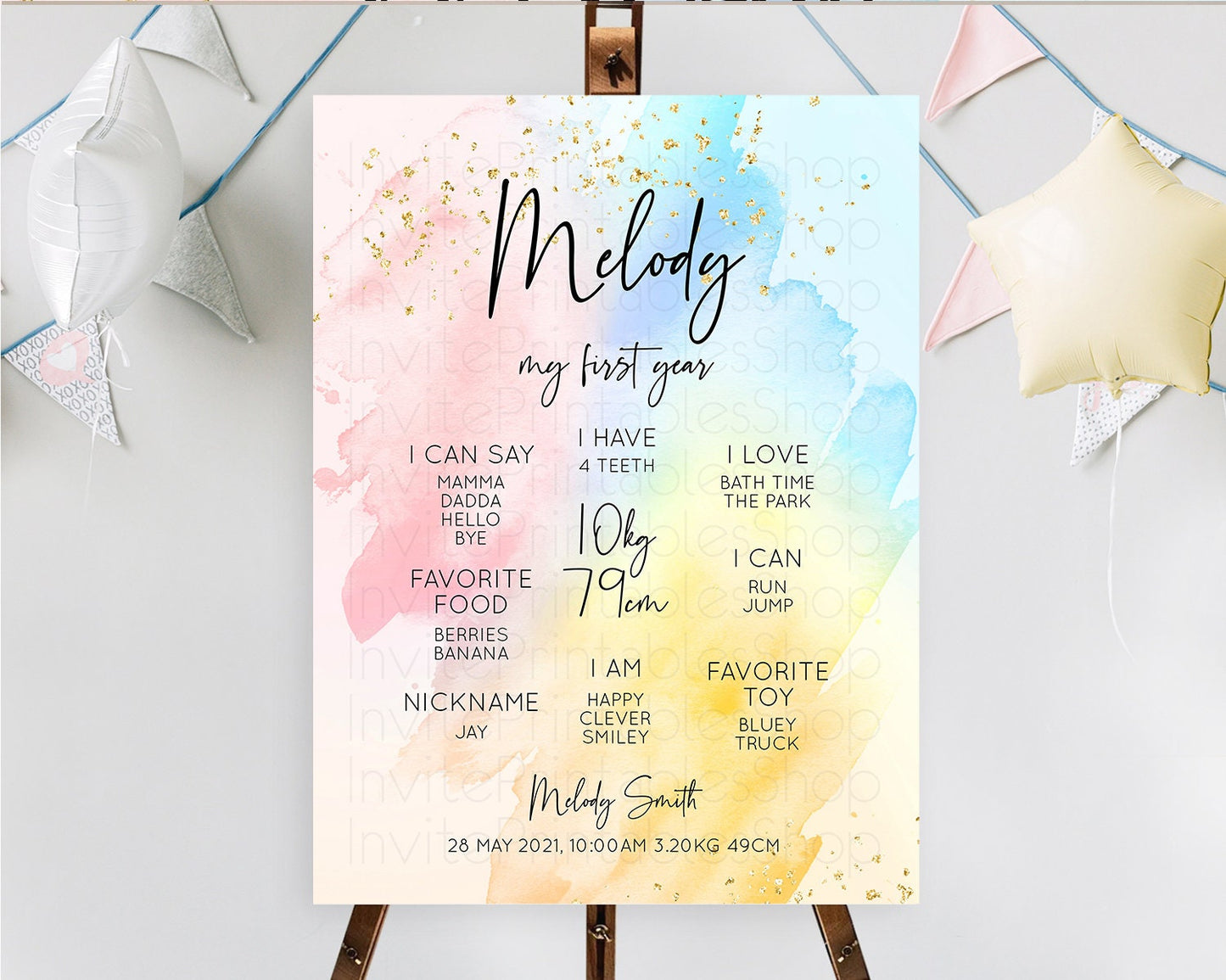 Pastel First Birthday Milestone Board Pastel Rainbow Milestone Poster Colorful Confetti Watercolor Glitter 1st Birthday Welcome Sign D10557