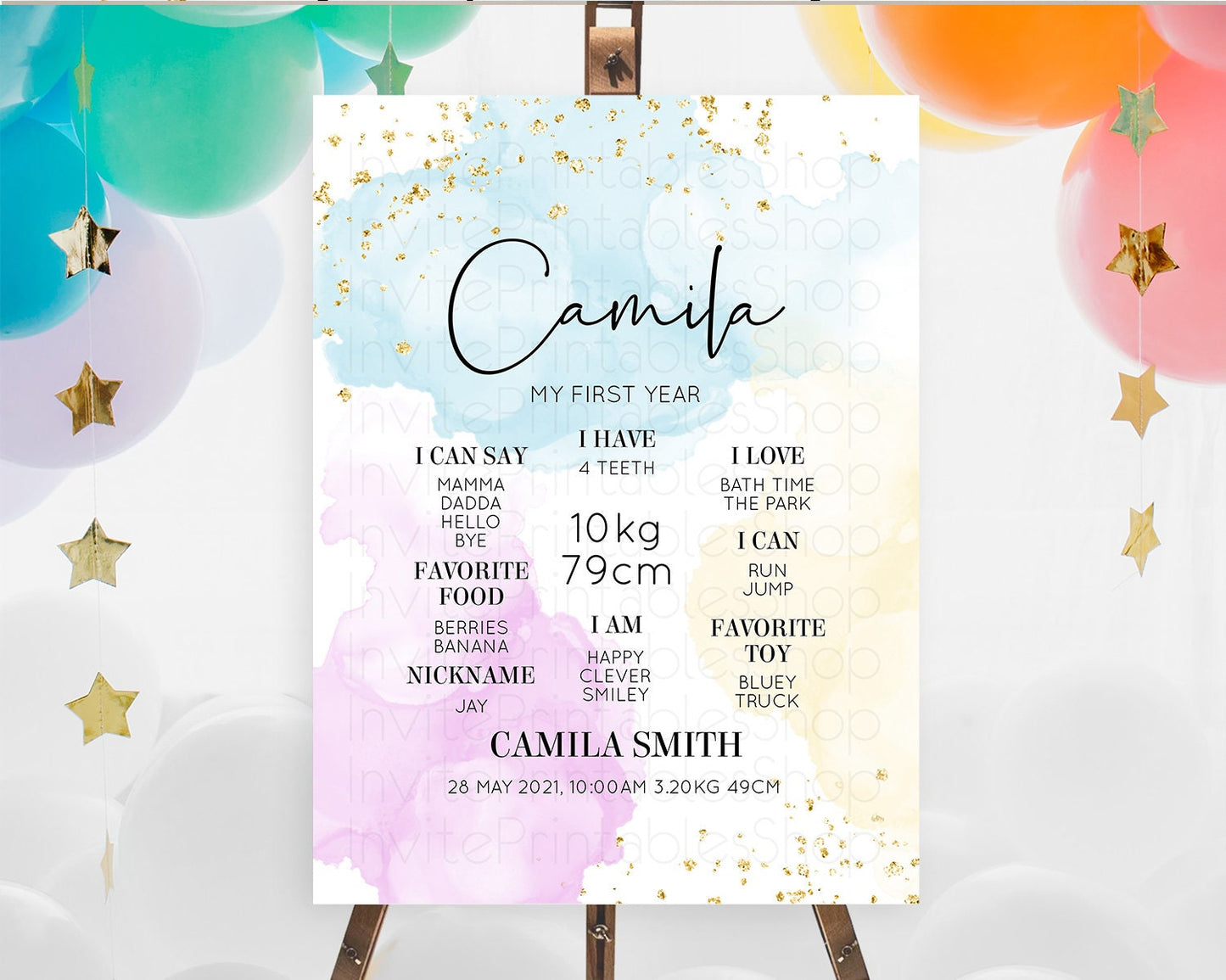 Pastel First Birthday Milestone Board Pastel Rainbow Milestone Poster Colorful Confetti Watercolor Glitter 1st Birthday Welcome Sign D10155