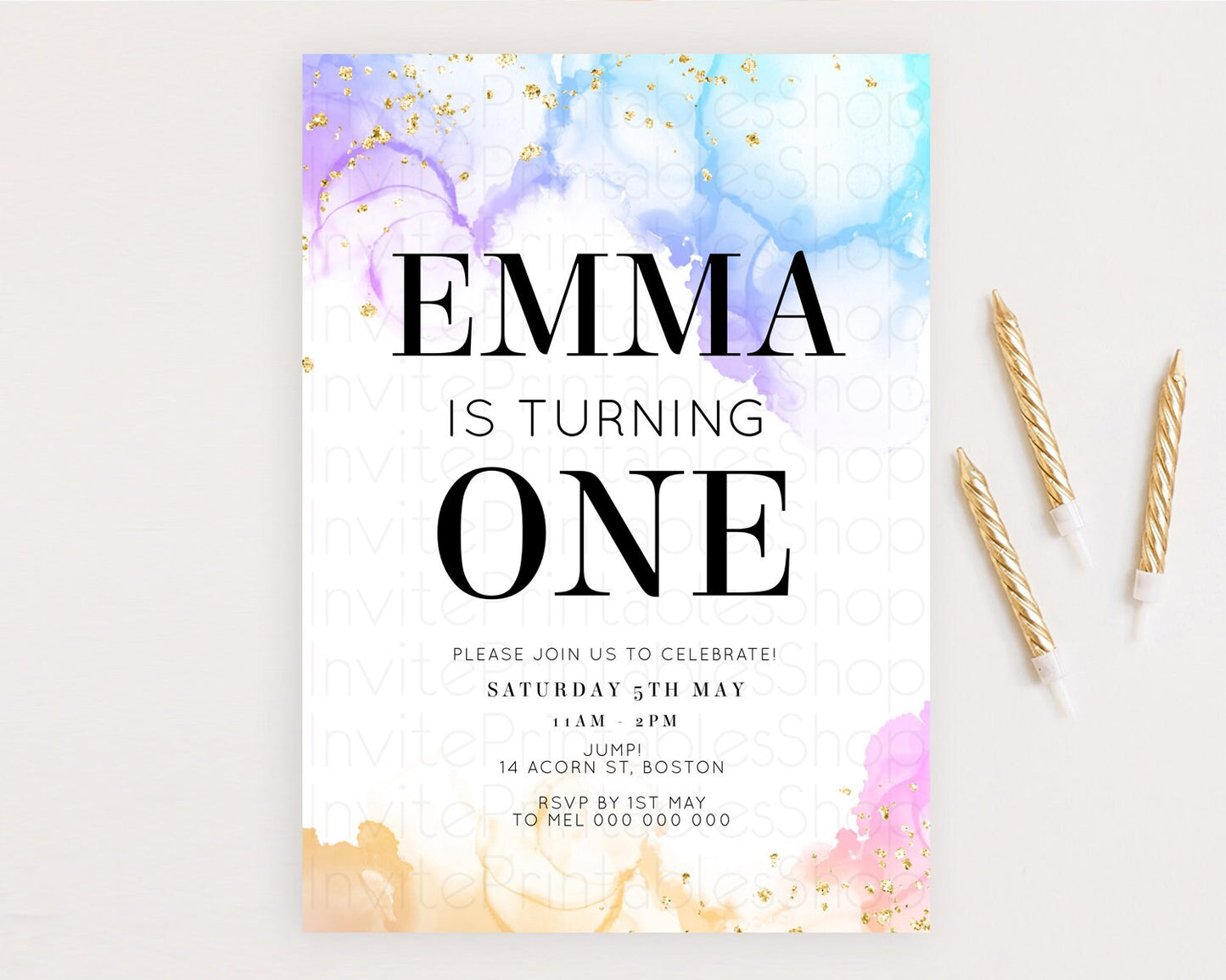 Editable Rainbow Birthday Invitation Colorful Pastel Watercolor Invitation G