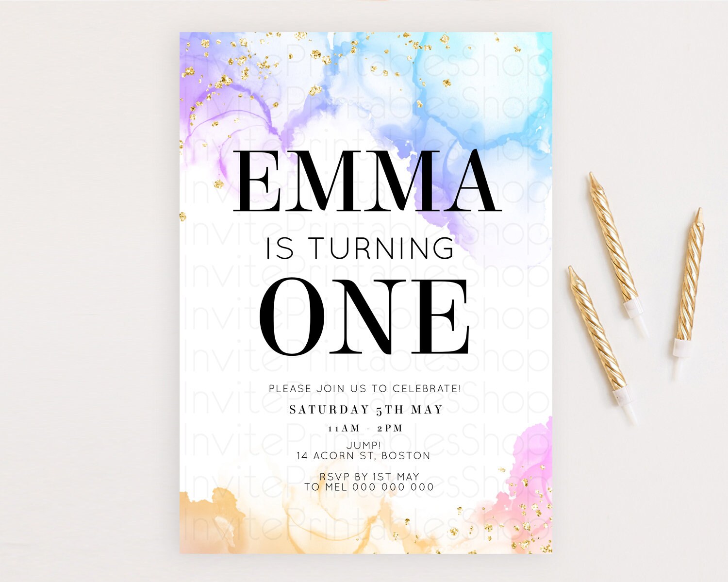 Editable Rainbow Birthday Invitation Colorful Pastel Watercolor Invitation G