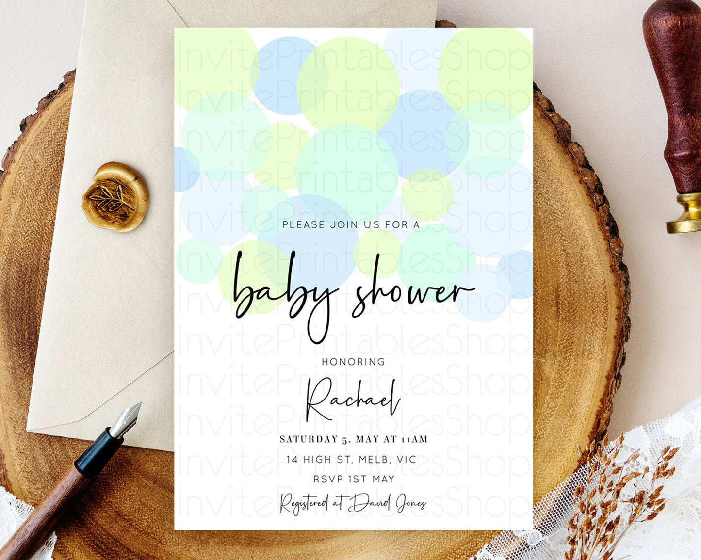 Confetti Baby Shower Invitation, Pastel Rainbow Theme Colorful Sprinkles, Bubbles - Light Blue, Lime Green, Blue Grey POP Invitation D10227
