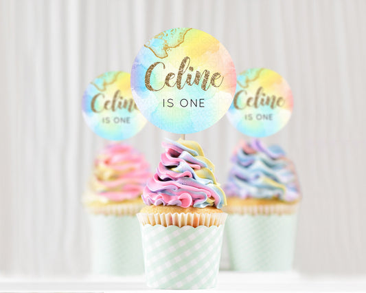Editable Rainbow Cupcake Toppers Pastel Cupcake Toppers Colorful Pastel Wate