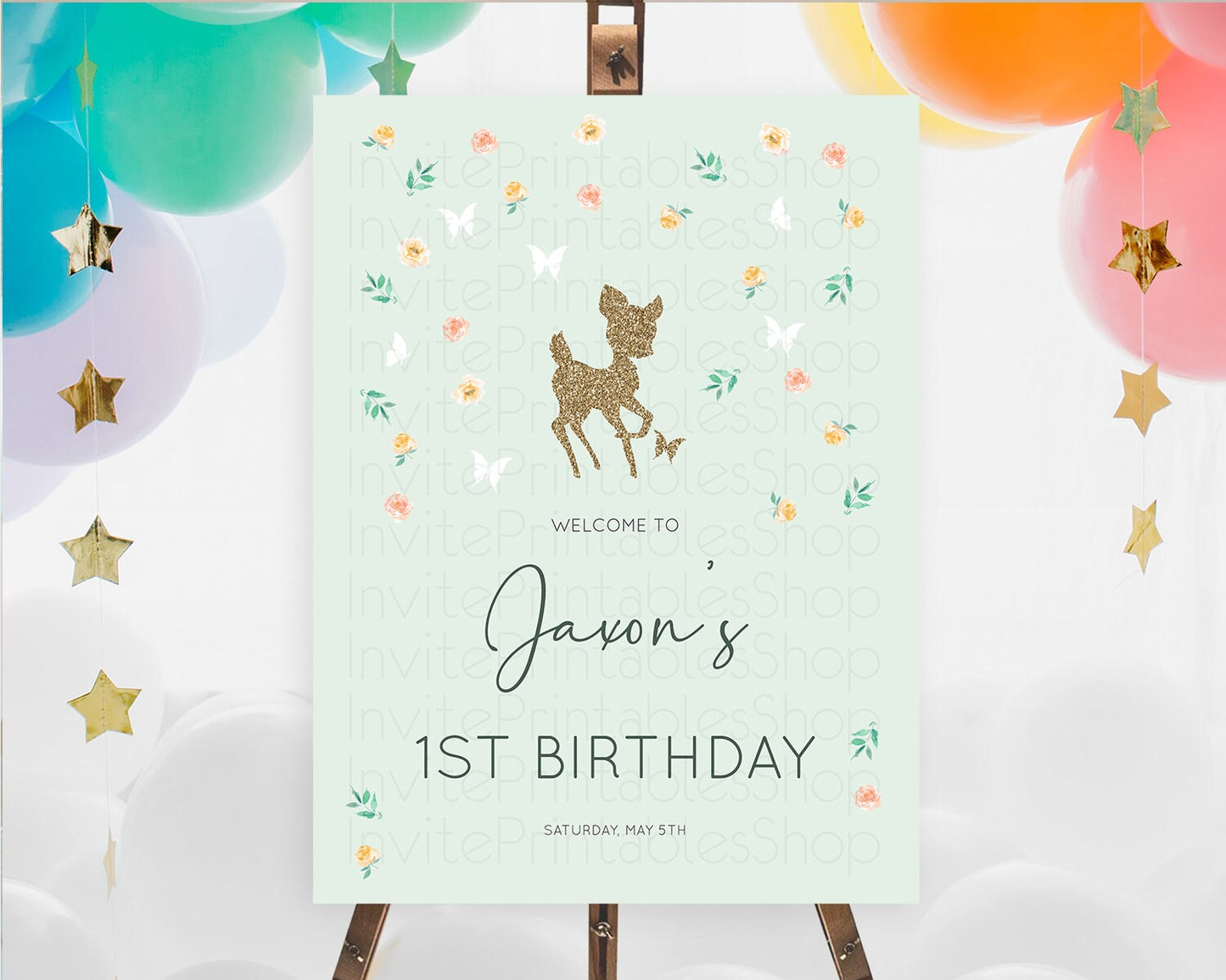 Fawn Welcome Sign Deer Welcome Board Floral Deer Welcome Poster Enchanted Forest Butterfly Pastel Floral First Birthday Welcome Sign D10385
