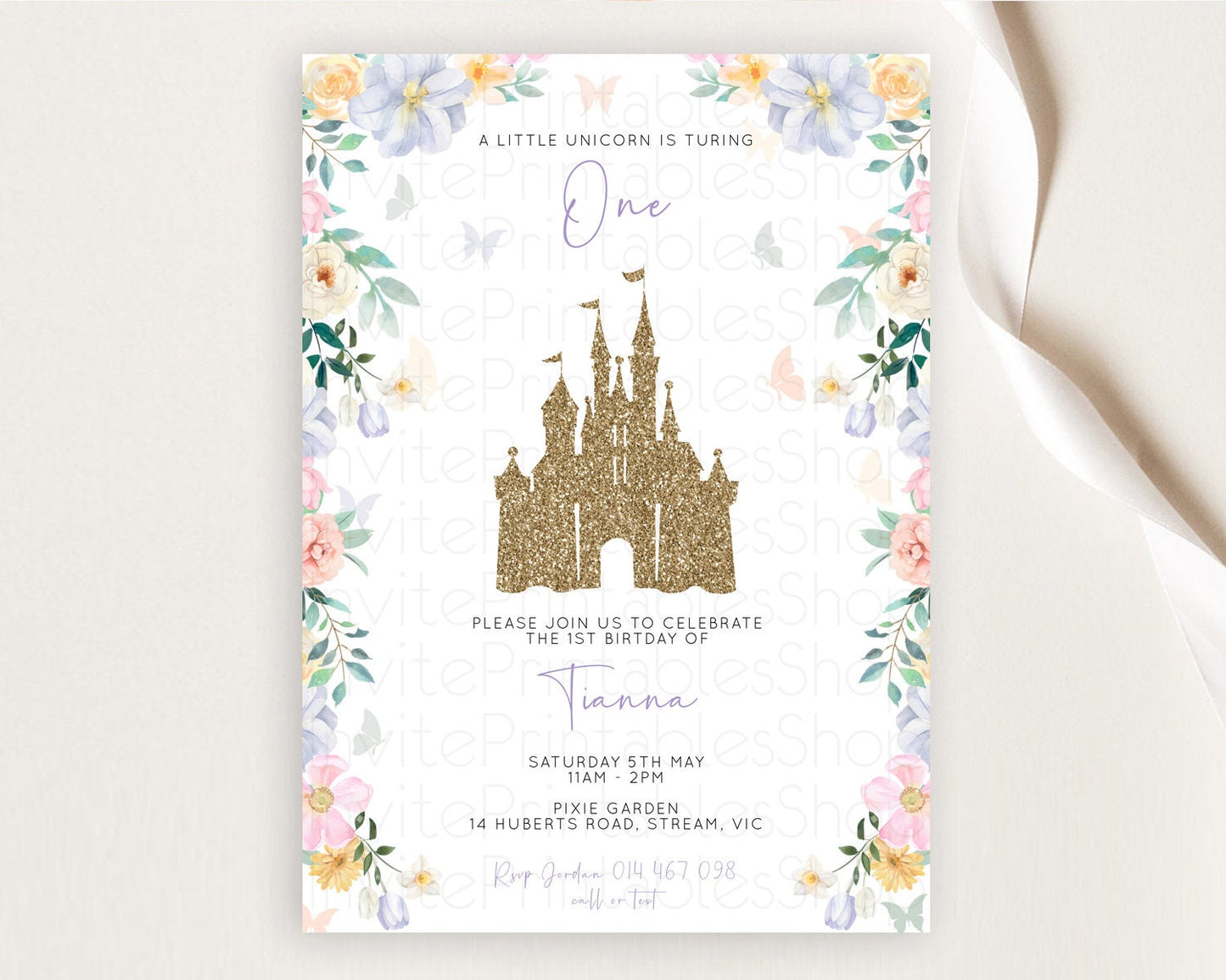 Princess Birthday Invitation Castle Invitation Royal Birthday Fairy Tale Enchanted Castle Pastel Floral Garden 1st First Birthday D10469