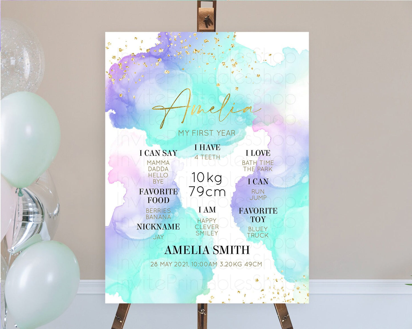 Pastel First Birthday Milestone Board Pastel Rainbow Milestone Poster Colorful Confetti Watercolor Glitter 1st Birthday Welcome Sign D10212