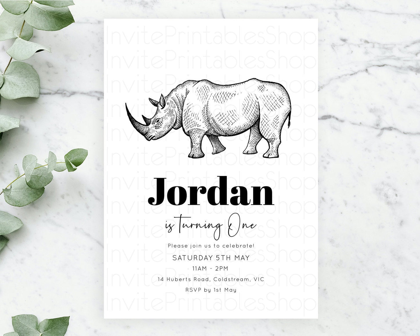 Rhino Birthday Invitation Rhino Invitation Rhino Birthday Rhino Safari Adventure Invite Rhino Palm Leaf Invite Zoo Party D10253