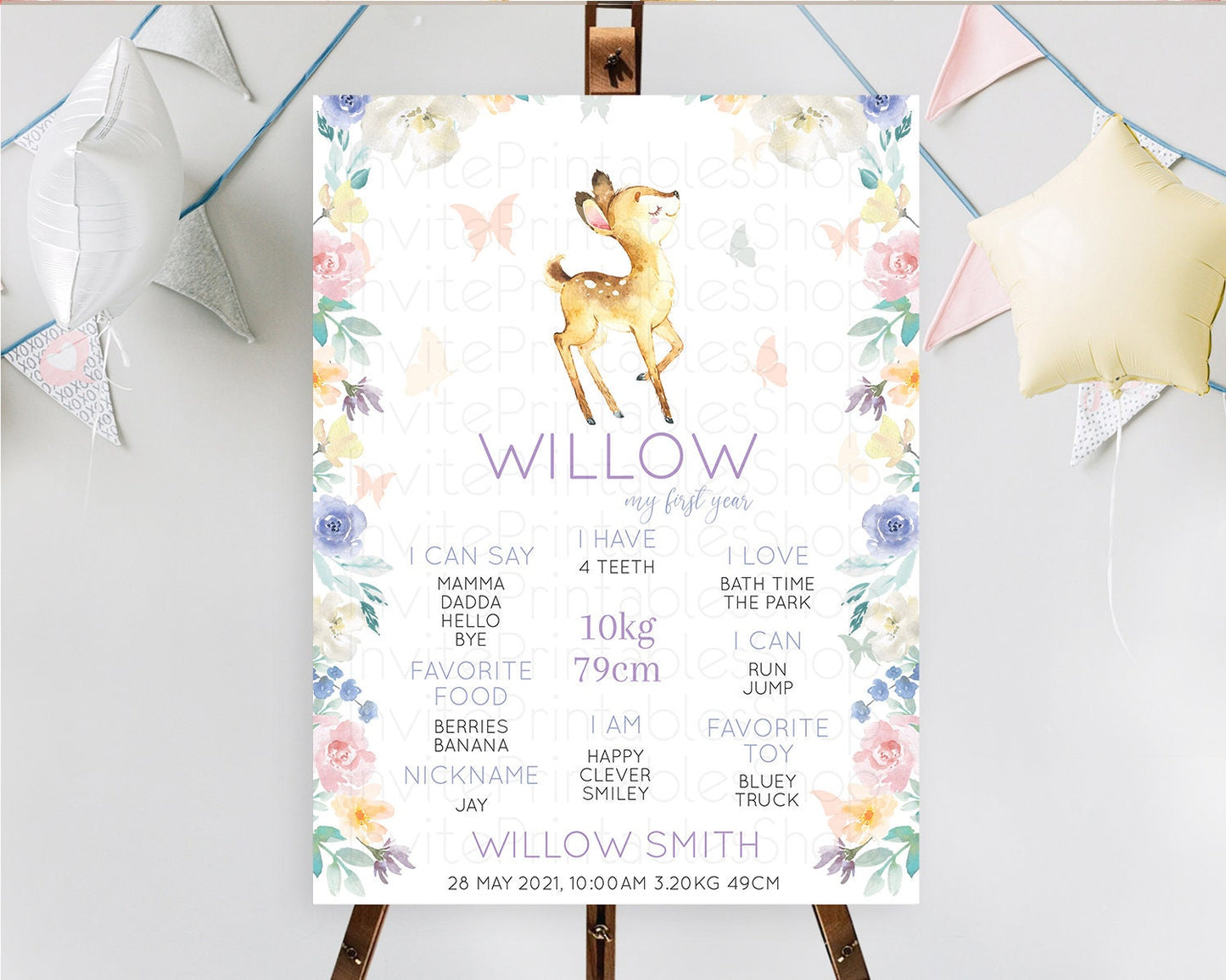 Fawn First Birthday Milestone Board Deer First Birthday Milestone Poster Enchanted Forest Butterfly Pastel Flowers 1st Birthday Sign D11001
