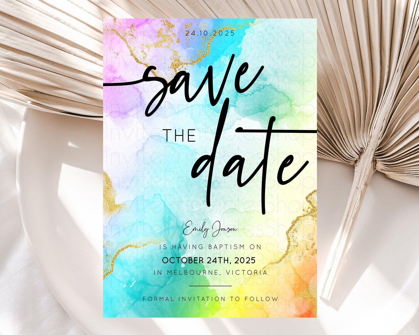 Pastel Save The Date Template Pastel Ombre Rainbow Watercolor Colorful Party For Birthday Baptism Baby Shower Wedding Bridal Shower D10390