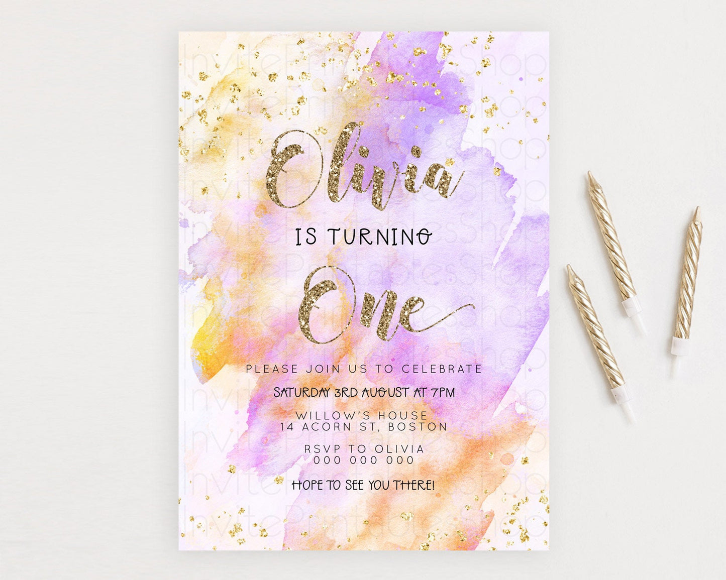 Rainbow Birthday Invitation Colorful Pastel Watercolor Invitation Gold Glitter Sprinkles Ombre Pastel 1st 2nd 3rd Birthday D23300