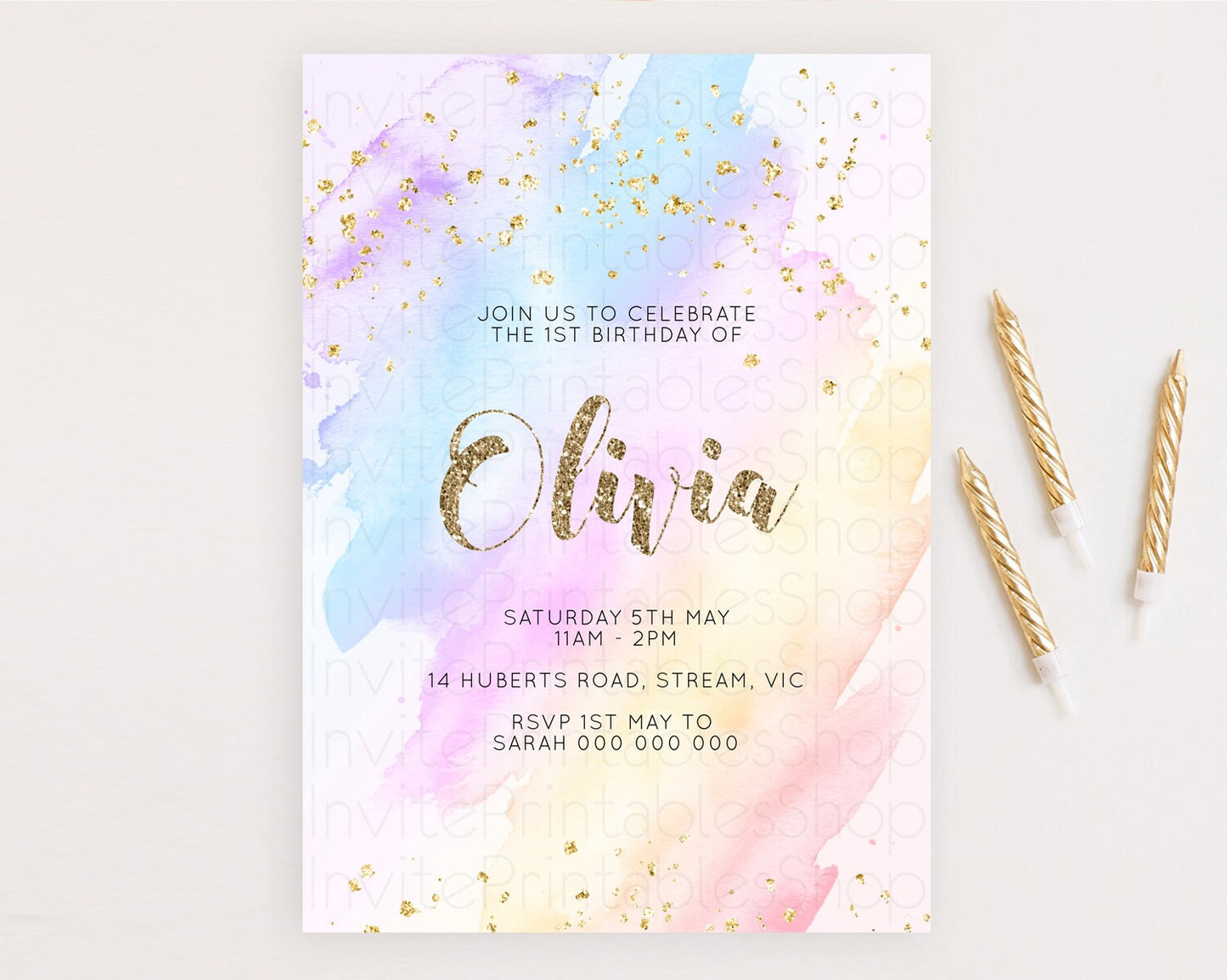 Rainbow Birthday Invitation Colorful Pastel Watercolor Invitation Gold Glitter Sprinkles Ombre Pastel 1st 2nd 3rd Birthday D10633