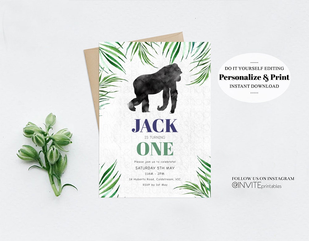 Gorilla Birthday Invitation Watercolor Gorilla Tropical Palm Jungle Safari Adventure Zoo Party Wild Party Animal Custom Editable Invite