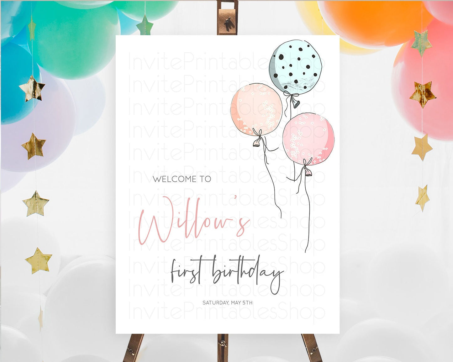 Pastel Balloons Welcome Sign Colorful Balloon Welcome Board Rainbow Balloon Weclome Poster Confetti First Birthday Welcome Sign D10868