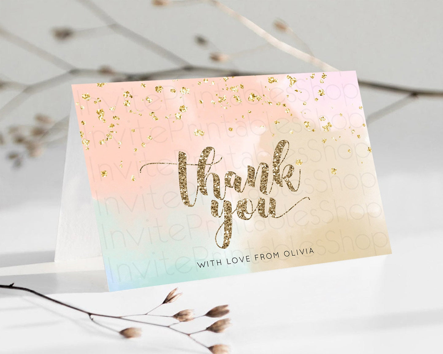 Pastel Thank You Rainbow Thank You Card Colorful Pastel Birthday Thank You Card Confetti Watercolor Pastel Teacher Thank You Cards D10377