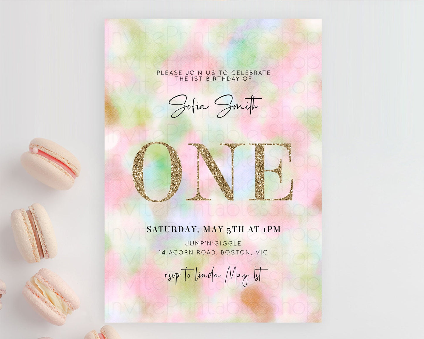 Rainbow Birthday Invitation Colorful Pastel Watercolor Invitation Gold Glitter Sprinkles Ombre Pastel 1st 2nd 3rd Birthday D10698