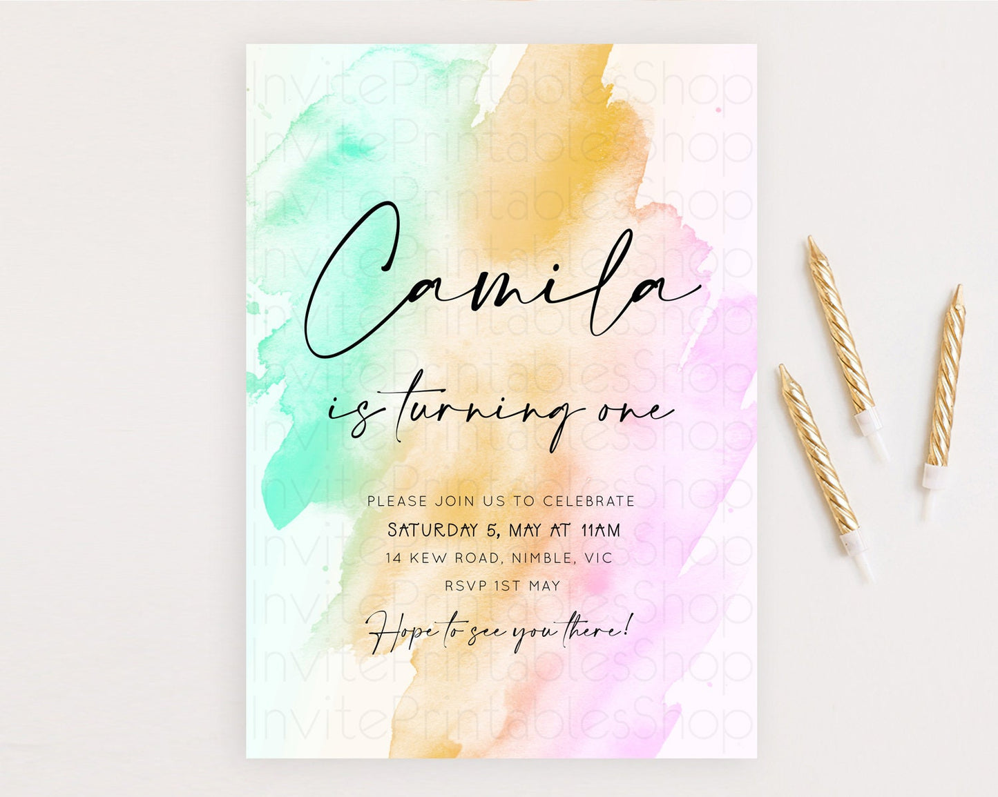 Rainbow Birthday Invitation Colorful Pastel Watercolor Invitation Gold Glitter Sprinkles Ombre Pastel 1st 2nd 3rd Birthday D10962