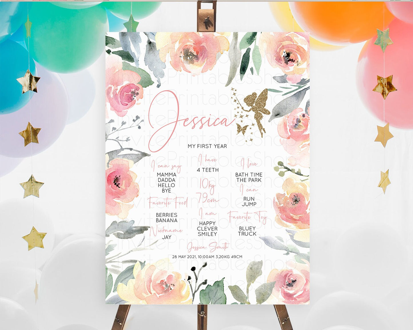 Fairy First Birthday Milestone Poster Fairy Secret Garden Milestone Board Enchanted Garden Pastel Floral Butterfly 1st Birthday Sign D10779