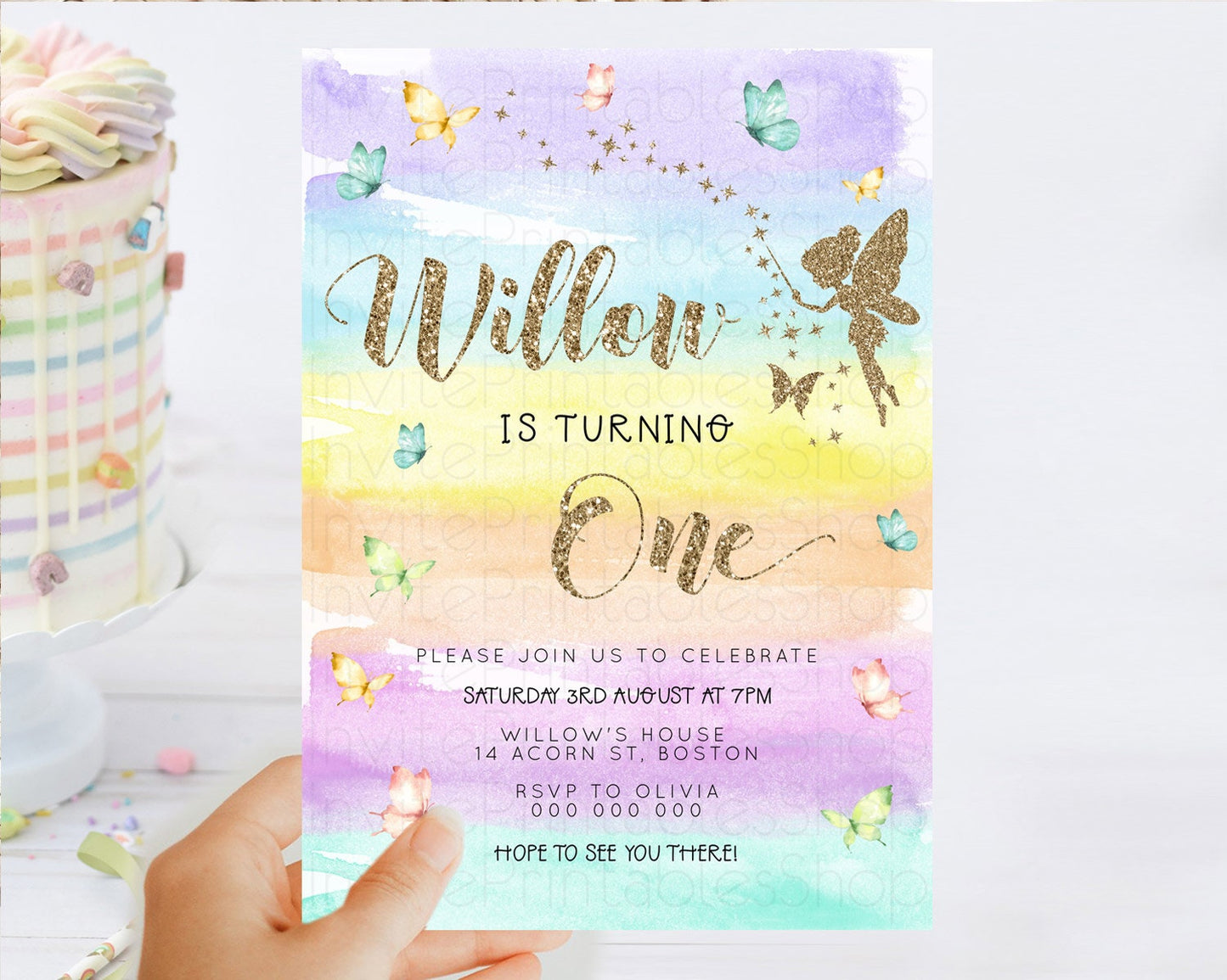 Pastel Fairy Birthday Invitation Pastel Butterflies Fairy Birthday Invitation Rainbow Ombre Watercolor 1st 2nd Birthday Invitation D23315