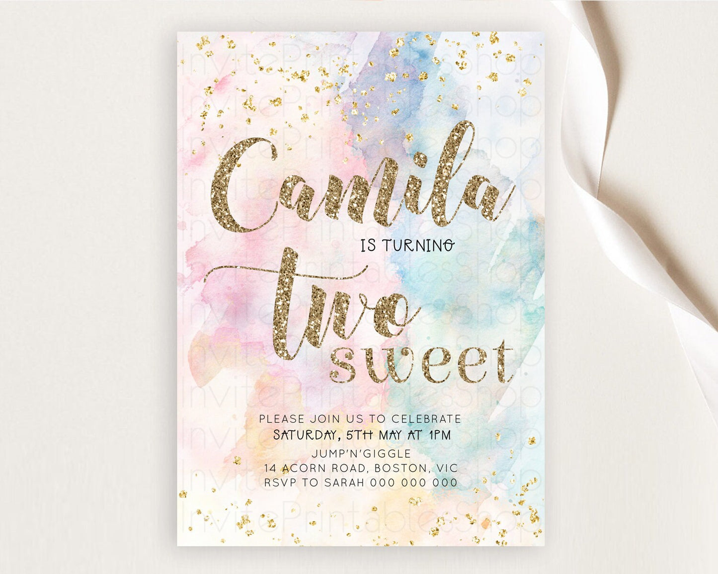 Rainbow Birthday Invitation Glitter Pastel Invitation Colorful Watercolor Gold Foil Splatter Sprinkle Ombre Two Sweet Invitation D10264