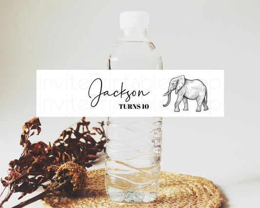 Elephant Water Label Template Elephant Safari Adventure Party Decor Dried Palm Fern Zoo Birthday Baptism Baby Shower Bridal Shower D10248