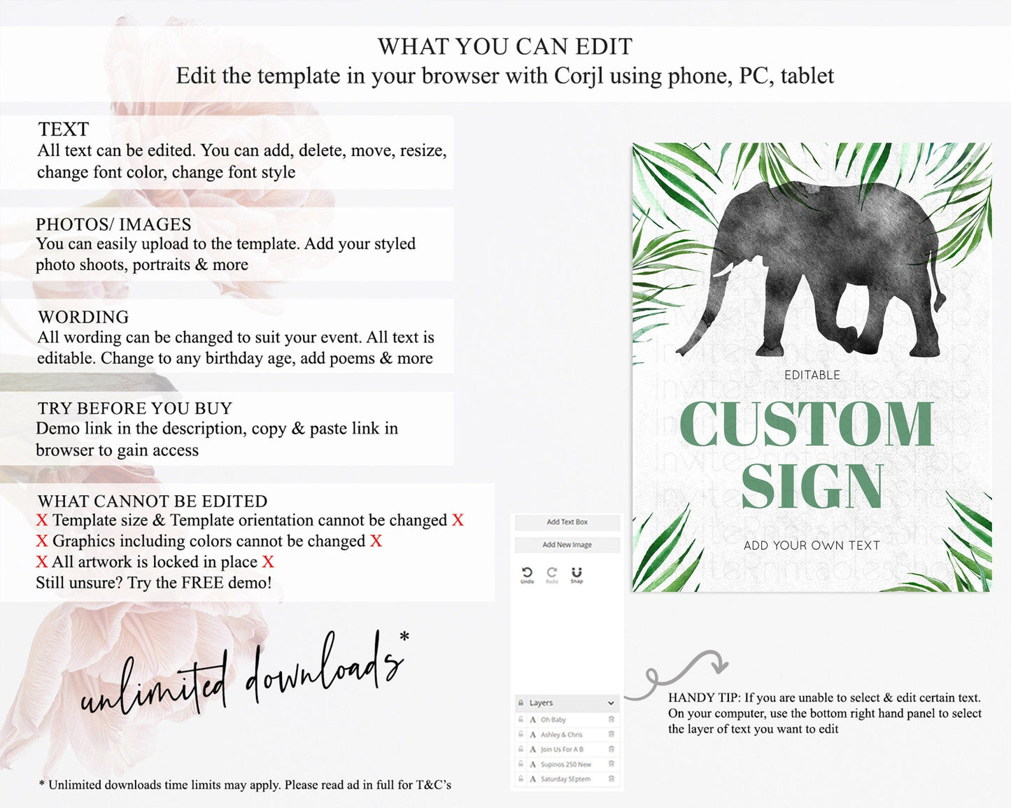 Elephant Sign Elephant Safari Adventure Party Table Sign Decor Dried Palm Fern Zoo 1st Birthday Baptism Baby Shower Bridal Shower D10842