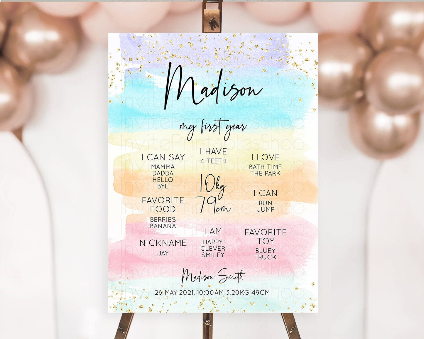 Pastel First Birthday Milestone Board Pastel Rainbow Milestone Poster Colorful Confetti Watercolor Glitter 1st Birthday Welcome Sign D10505