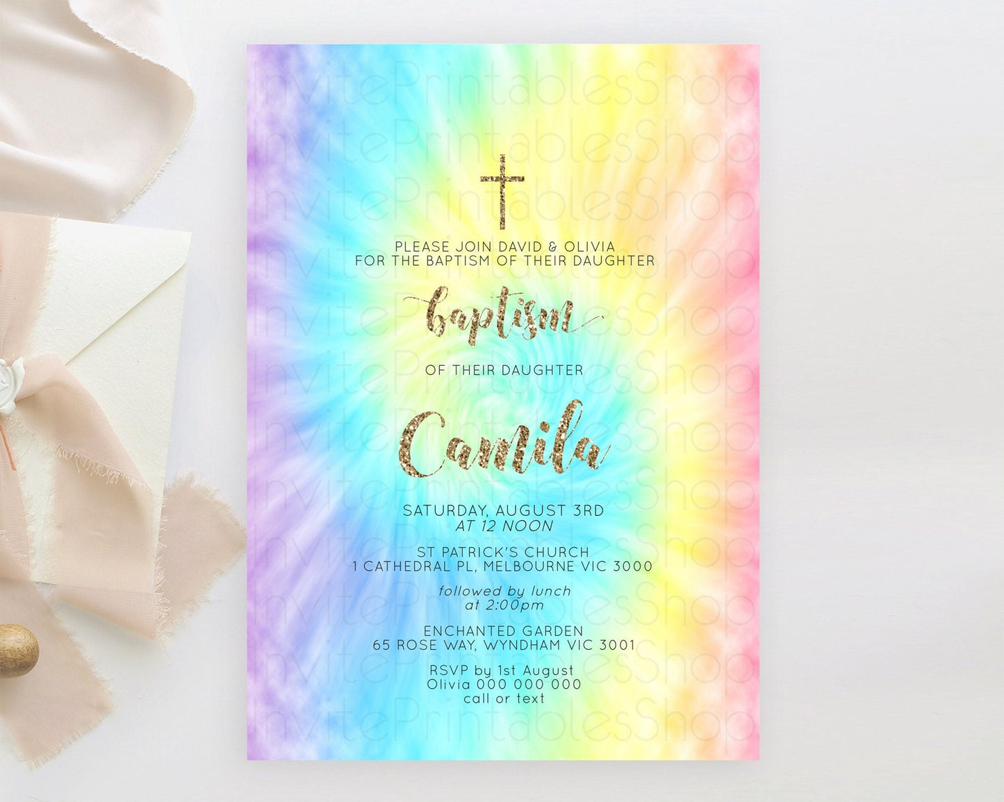Tie Dye Baptism Invitation Rainbow Baptism 1st Birthday Invitation Pastel Ombre Colorful Christening Invitation Holy Communion D10580