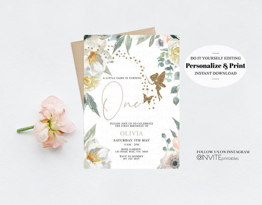 Editable Fairy Birthday Invitation White Floral Garden Fairy Invite Tinkerbe