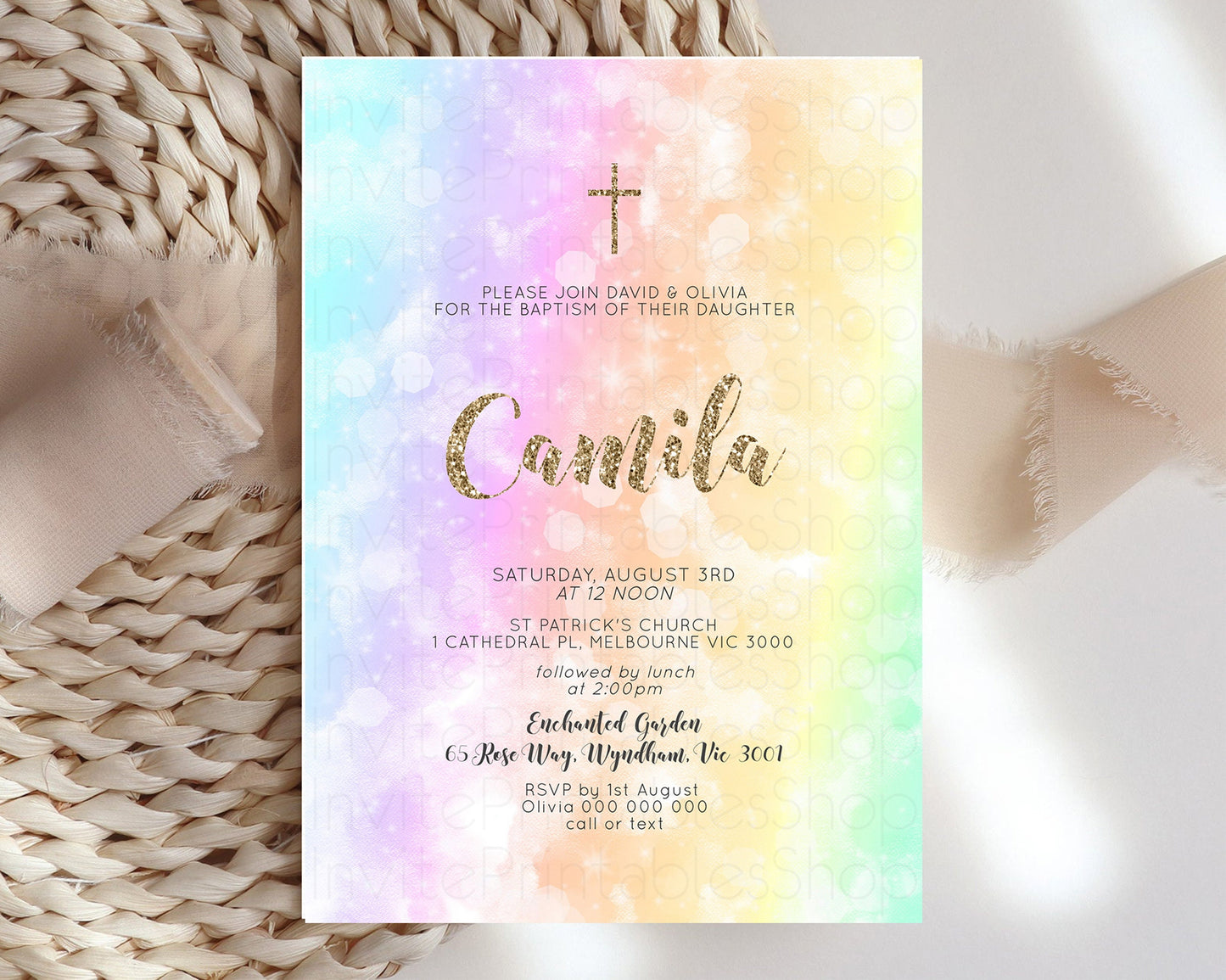 Pastel Baptism Invitation Rainbow Christening Invitation Holy Communion Invite Baptism 1st Birthday Sprinkles Ombre Watercolor Splash 604