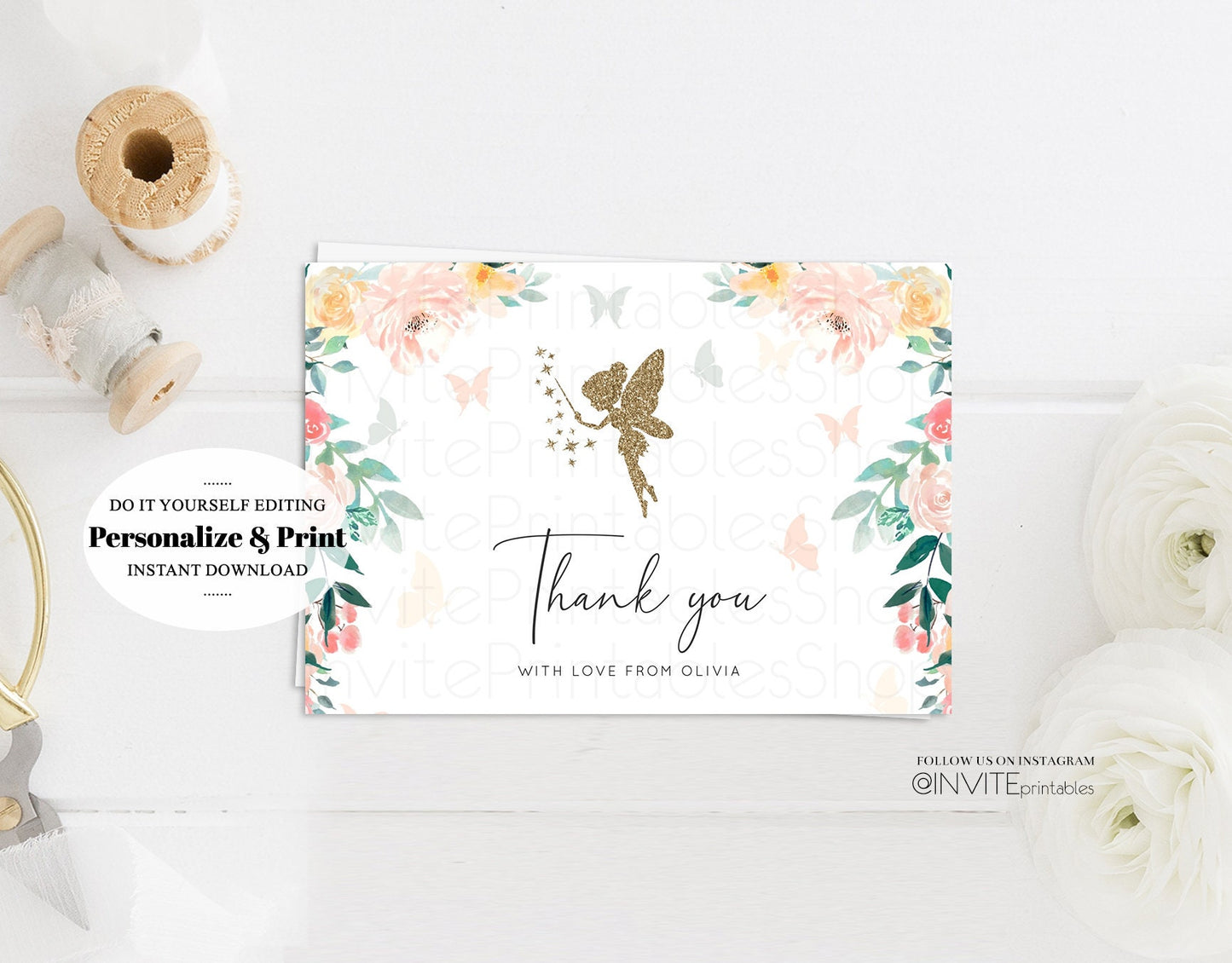 Fairy Thank You Card Gold Glitter Floral Bell Garden Tinker Custom Message Kids Birthday Baby Shower Gift Flat Postcard Printable 219