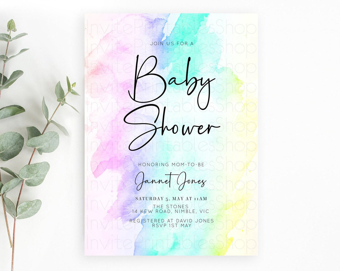 Pastel Baby Shower Invitation Rainbow Baby Shower Invitation Colorful Pastel Watercolor Invitation Gold Glitter Sprinkles Ombre D10231