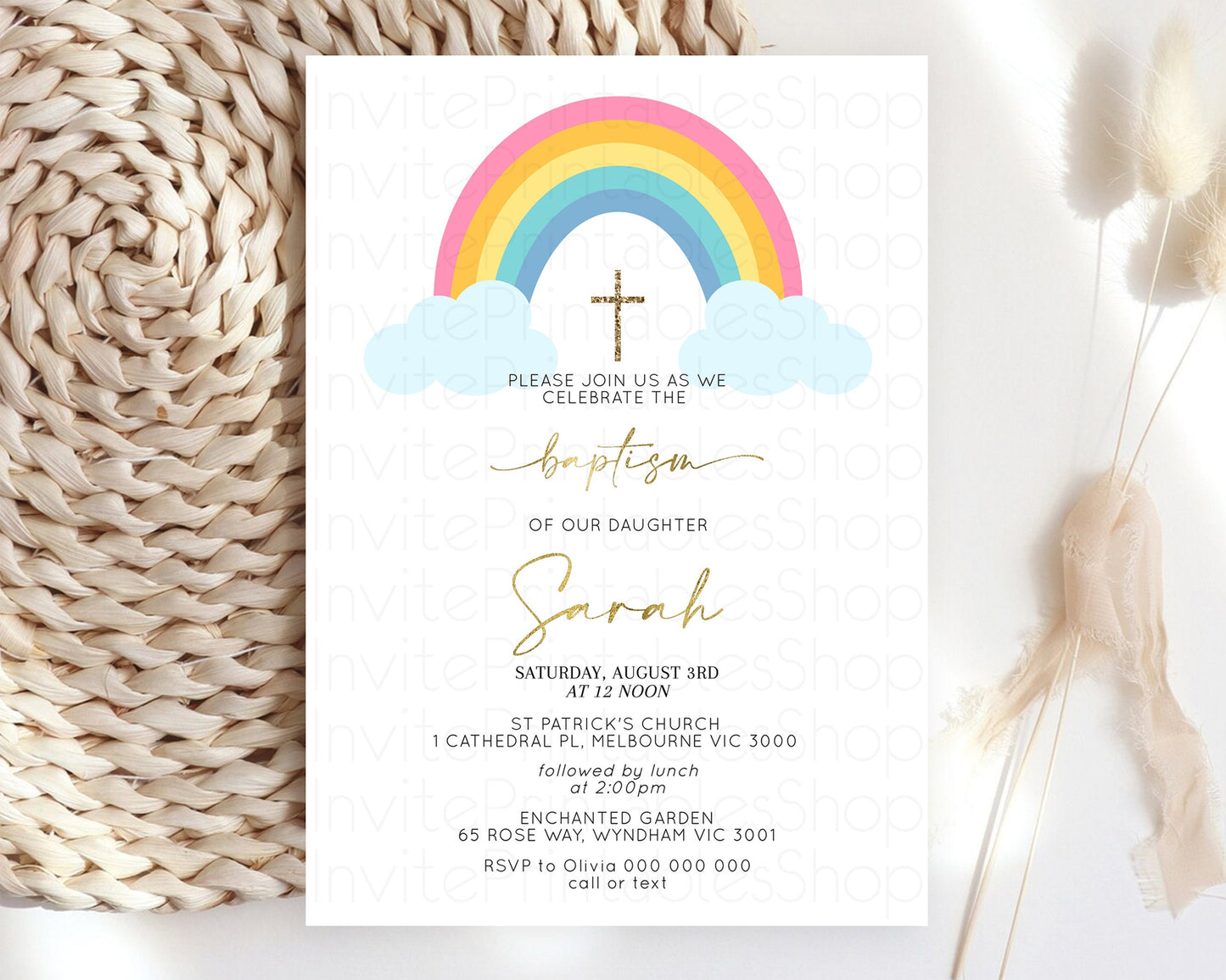 Pastel Baptism Invitation Rainbow Christening Invitation Holy Communion Invite Baptism 1st Birthday Sprinkles Ombre Watercolor Splash