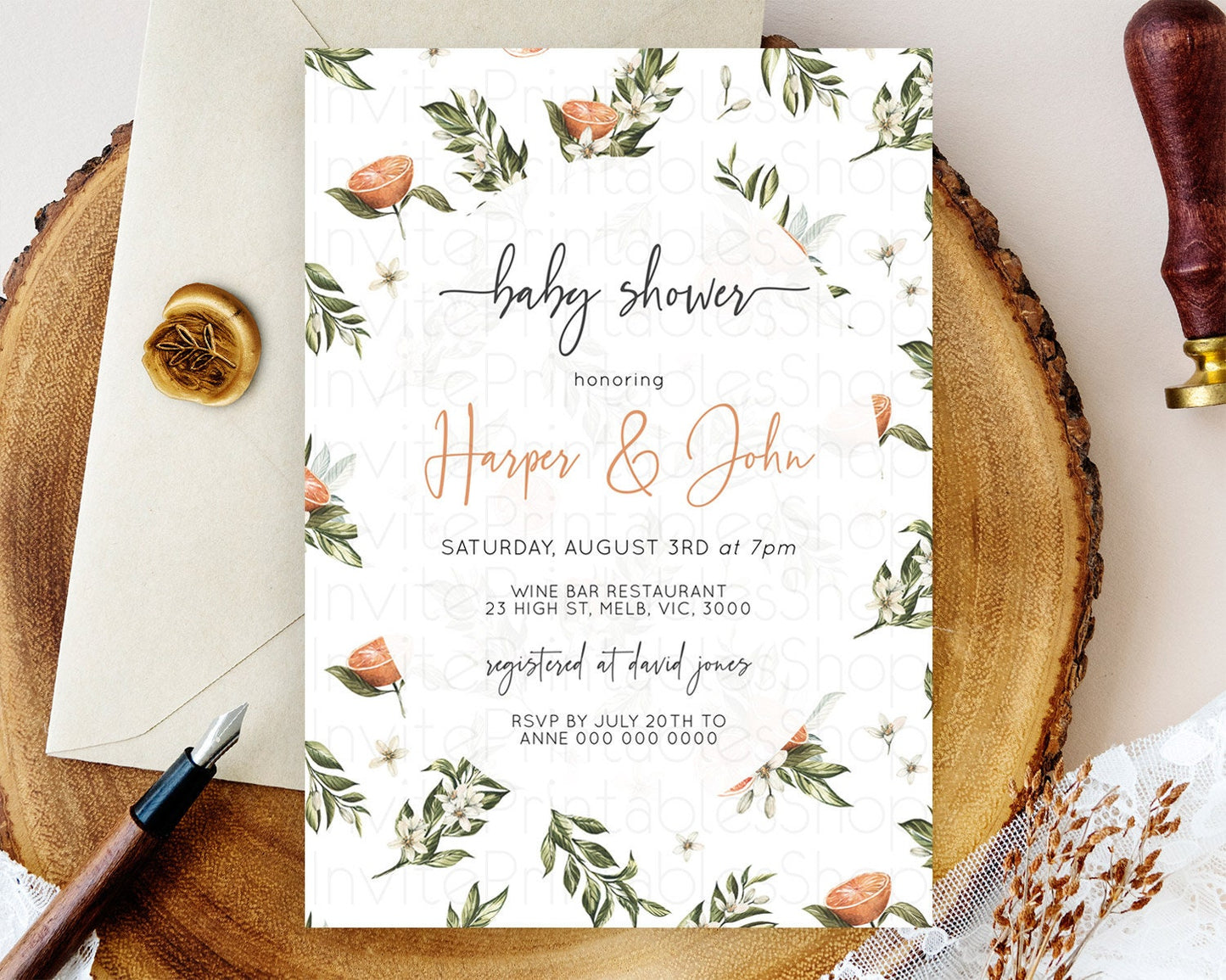 Citrus Baby Shower Invitation Orange Lemon Invitation Citrus Floral Garden Theme Citrus Floral Watercolor Invitation D10545
