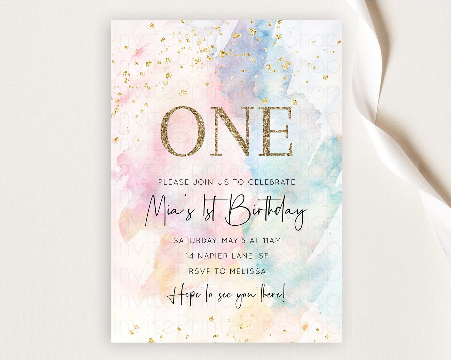 Rainbow Birthday Invitation Colorful Pastel Watercolor Invitation Gold Glitter Sprinkles Ombre Pastel 1st 2nd 3rd Birthday D10263