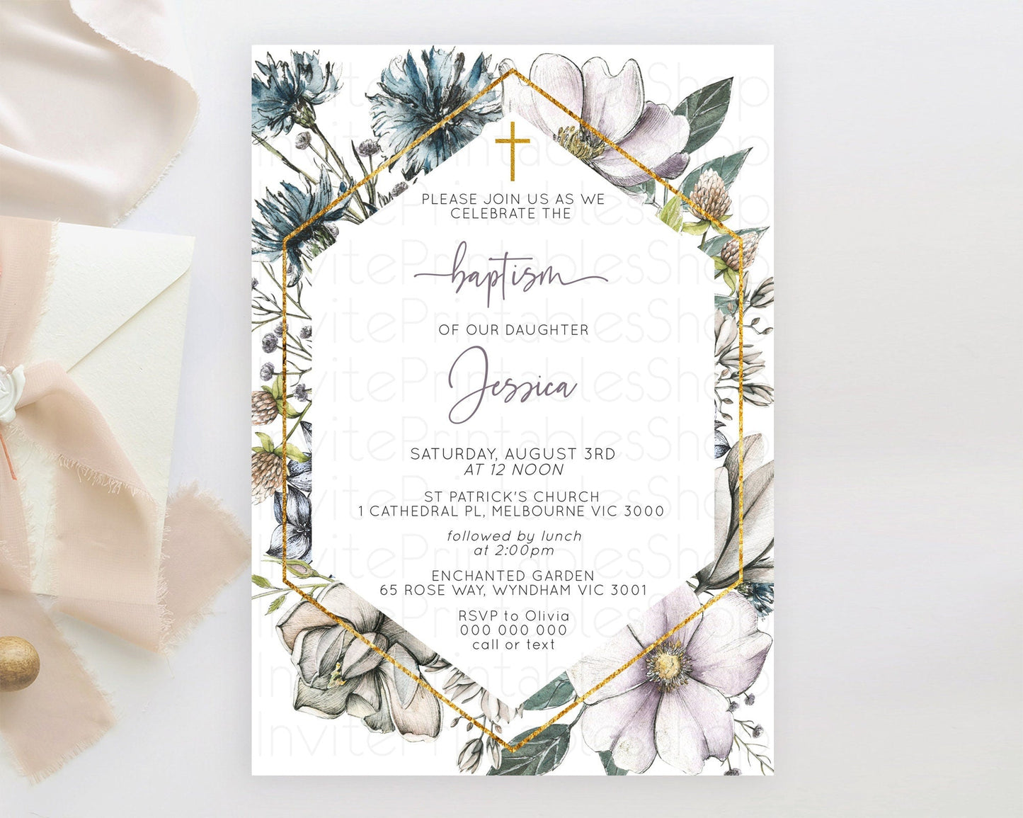 Secret Garden Baptism Invitation Wildflower Baptism Birthday Invite Pastel Flowers Christening Invite Enchanted Garden Boho Floral D10501