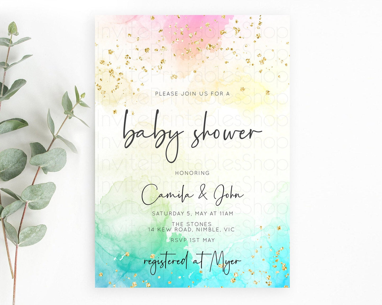 Pastel Baby Shower Invitation Rainbow Baby Shower Invitation Colorful Pastel Watercolor Invitation Gold Glitter Sprinkles Ombre D10151