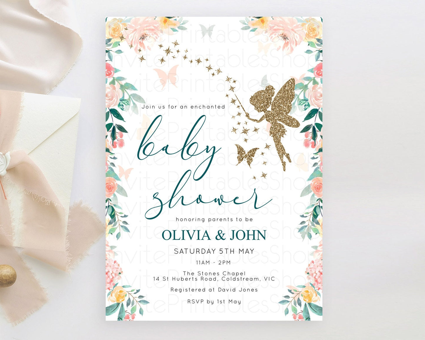 Fairy Baby Shower Invitation, Secret Garden, Fairy Garden, Pastel Green, Orange, Pink Floral, Butterflies - with Pixie Glitter Magic D10239