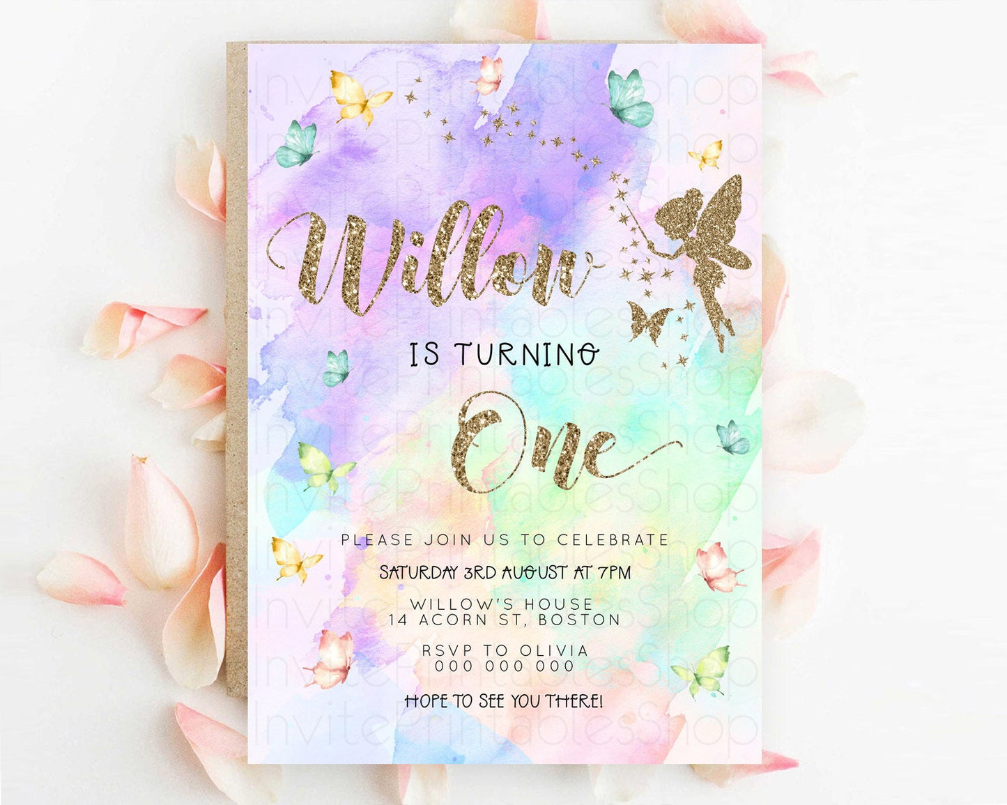 Pastel Fairy Birthday Invitation Pastel Butterflies Fairy Birthday Invitation Rainbow Ombre Watercolor 1st 2nd Birthday Invitation D23344