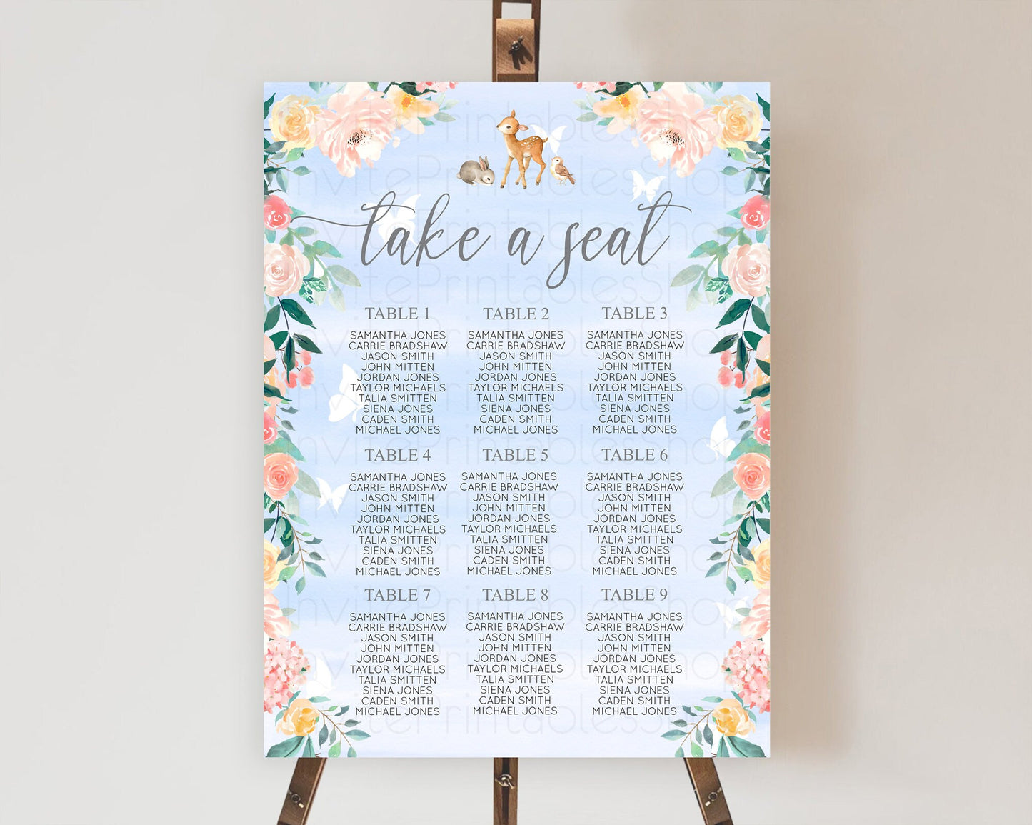 Fawn Seating Chart Deer Seating Chart Enchanted Forest Party Butterfly Pastel Flowers Whimsical Seating Chart Woodland Seating Sign D10920