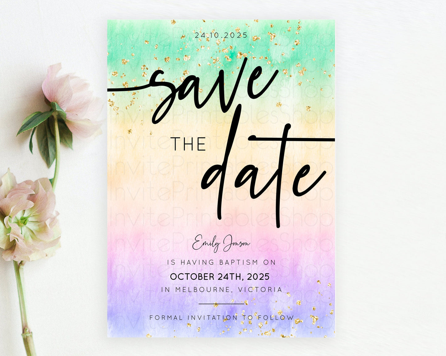 Pastel Save The Date Template Pastel Ombre Rainbow Watercolor Colorful Party For Birthday Baptism Baby Shower Wedding Bridal Shower D10485