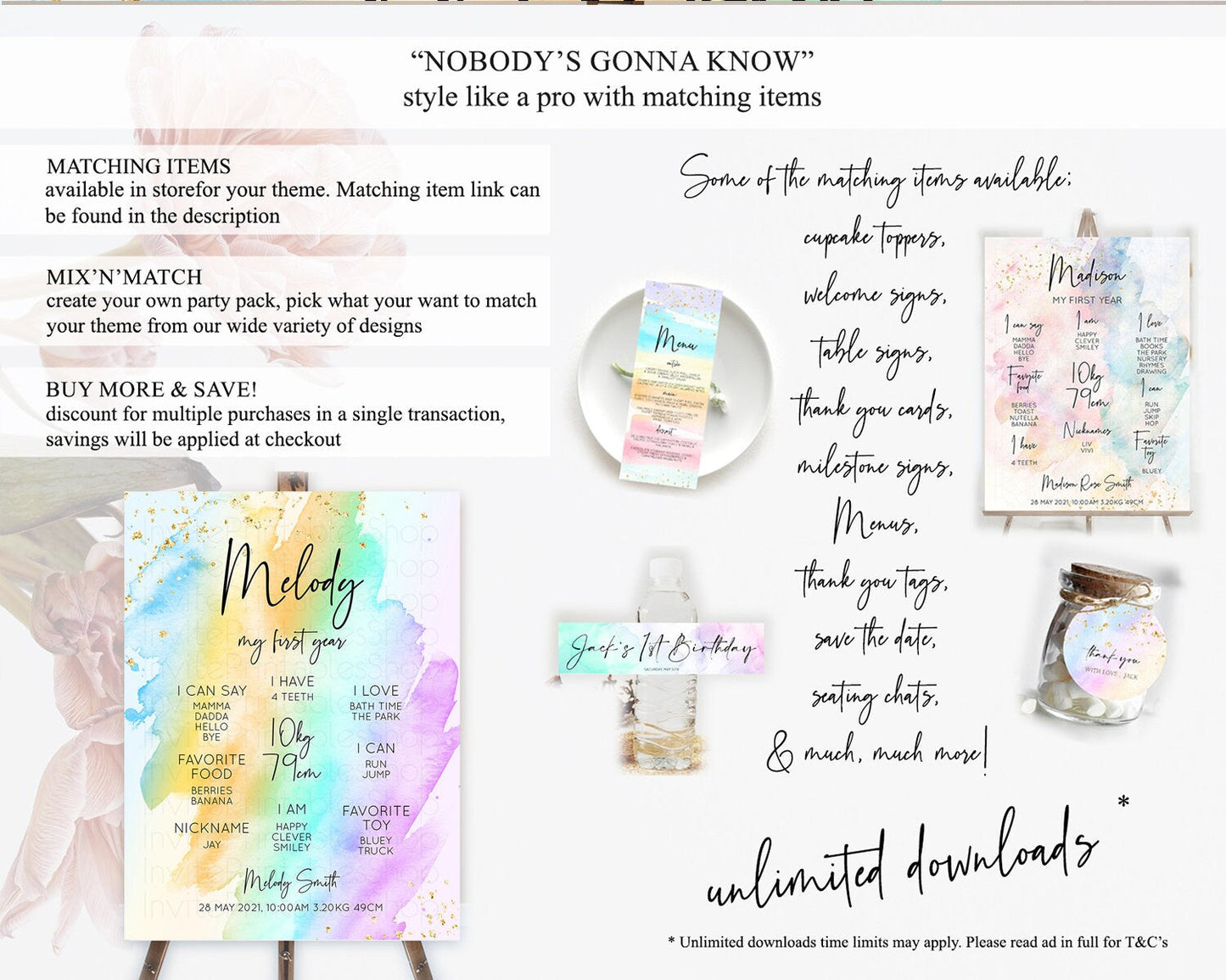 Pastel First Birthday Milestone Board Pastel Rainbow Milestone Poster Colorful Confetti Watercolor Glitter 1st Birthday Welcome Sign D10425