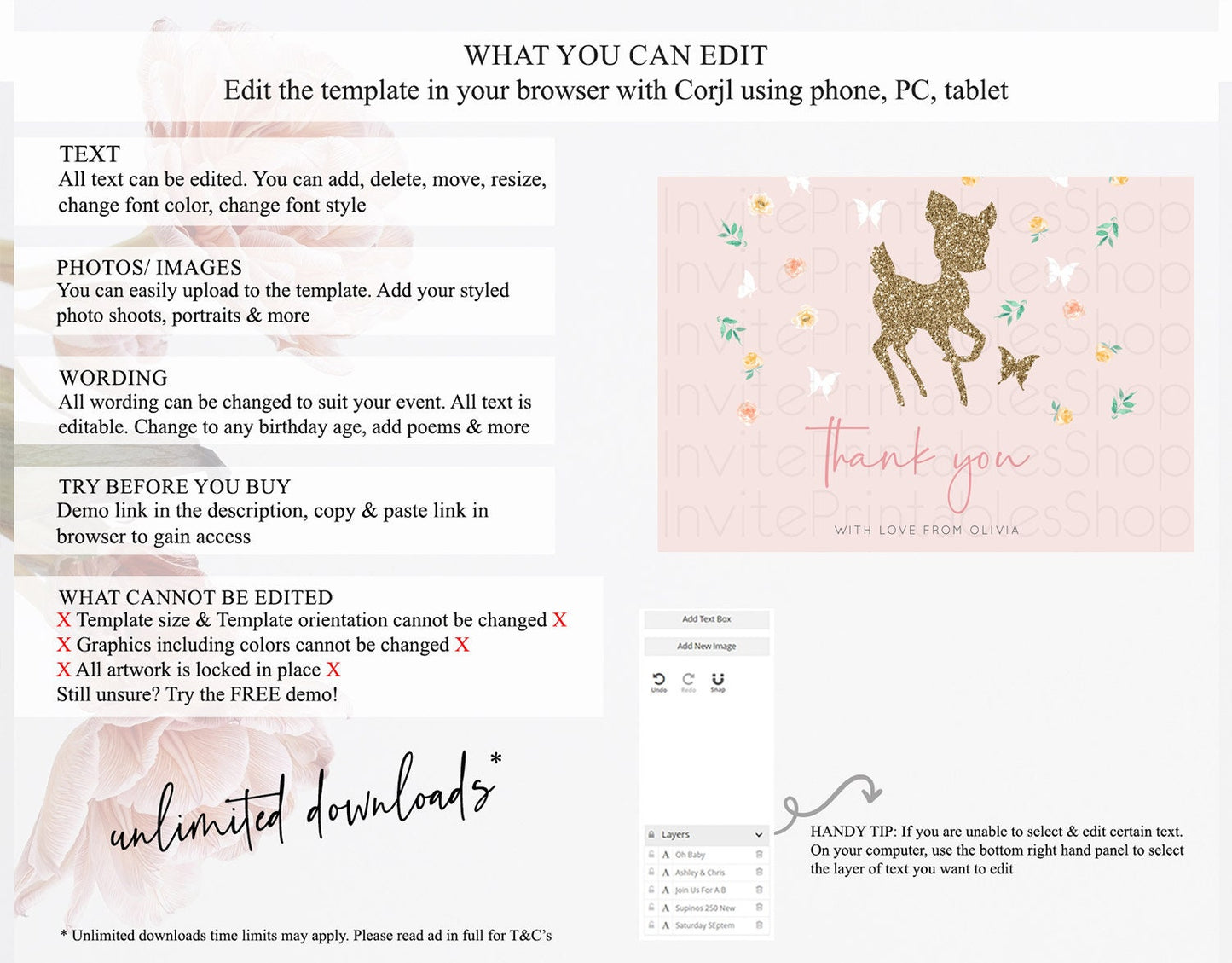 Fawn Thank You Deer Thank You Card Pastel Floral Deer Birthday Thank You Card Enchanted Forest Butterfly Deer Teacher Thank You Card D10386