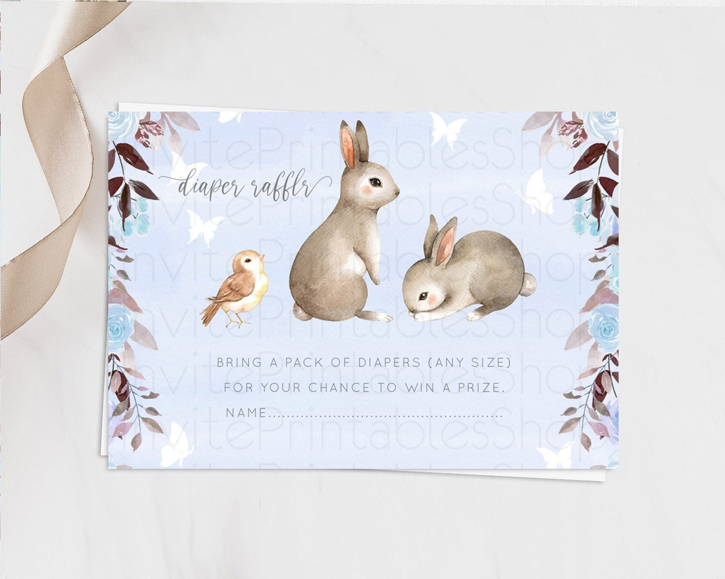 Bunny Diaper Raffle Card Floral Bunny Diaper Raffle Insert Pastel Flowers Woodland Bunny Diaper Ticket Forest Bunny Raffle Game D10923